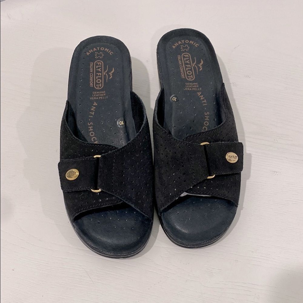 Fly Flot Black Anatomic Cushioned Anti Shock Genuine Leather Slide Sandals